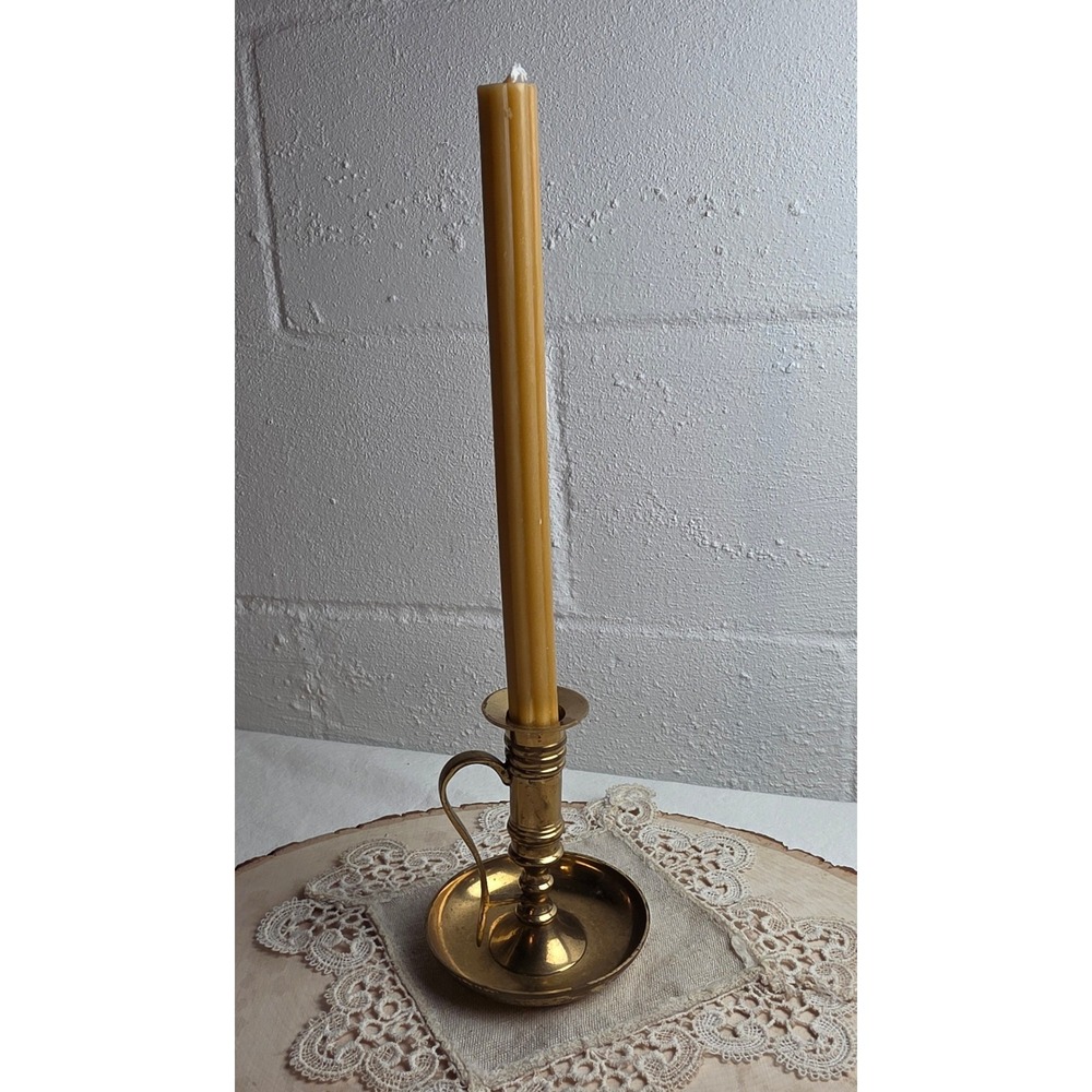 Vintage Solid Brass Chamberstick Candle Holder Finger Loop Handle Made in India
